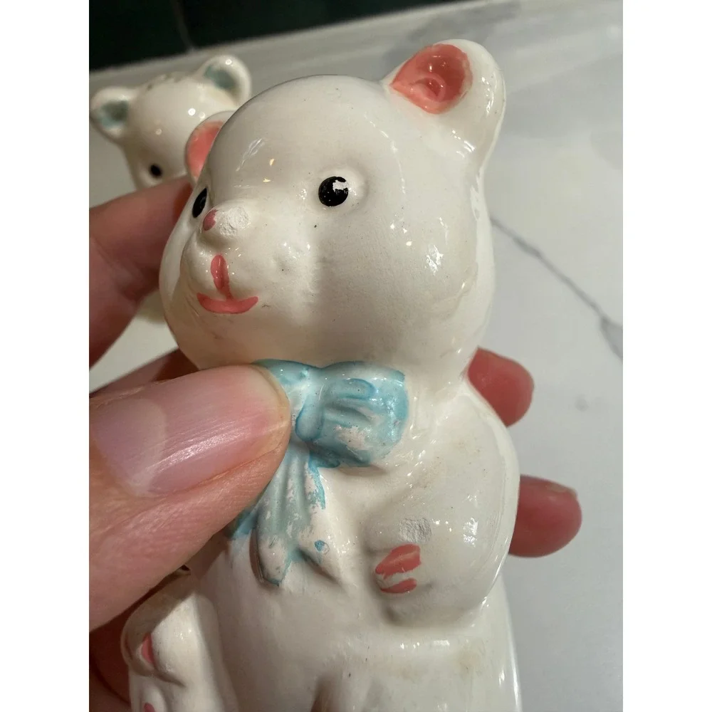 Vintage Teddy Bear Salt and Pepper Shakers Ceramic Pink Blue Bow Set of 2